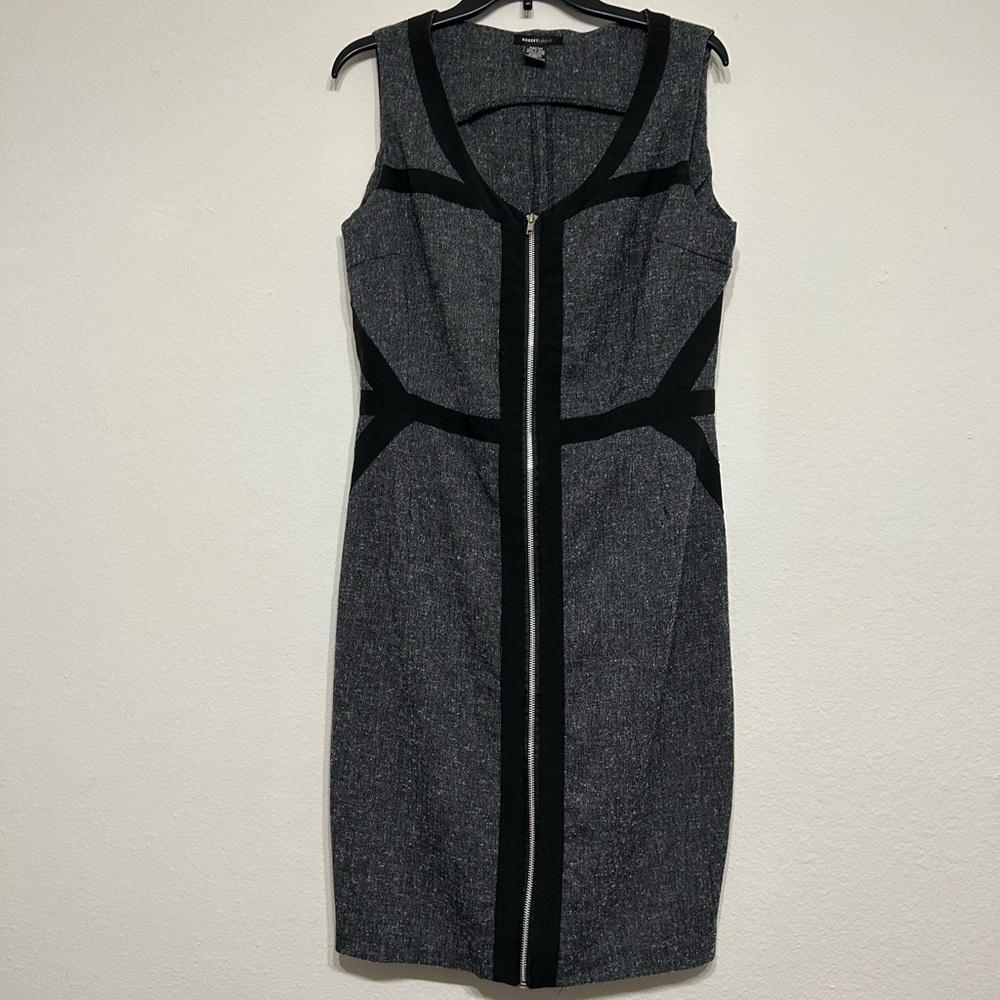 Robert Louis Womens Gray Tweed Full Zip Sheath Dress Black Trim Professional 10‎